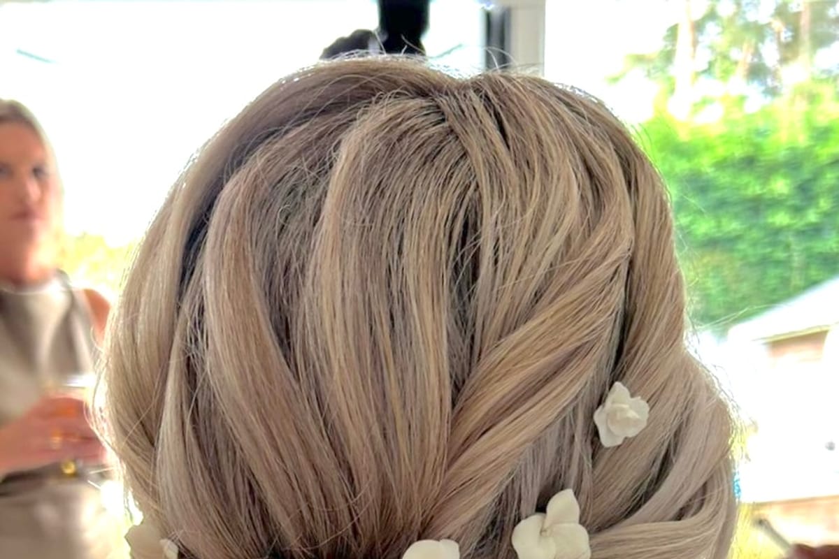 Delicate bridal hair pins woven through a braided wedding updo